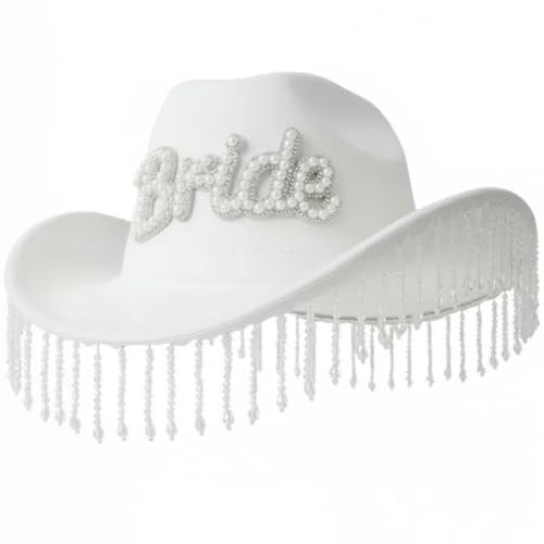 HiyyFloy Weißer Braut-cowboyhut, Glitzernder -cowgirlhut, Western-Glitzer-perlen-Hut Für Junggesellinnenabschiede, Western-Hut Für Junggesellinnenabschiede