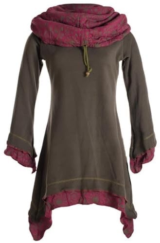 Vishes - Alternative Bekleidung - Lagenlook Zipfelkleid aus Eco Fleece mit Langen Ärmeln und großem Kapuzenschalkragen Olive 48