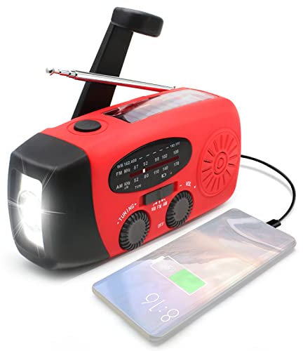 Emergency AM/FM/NOAA Weather Radio, Portable Solar Hand Crank Radio with Power Bank, 3 LED Flashlight for Household Emergency and Outdoor Survival (Red)