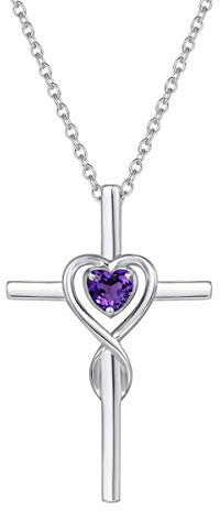 Damen Halskette mit Unendlichkeit Symbol Kreuz Anhänger Kette Infinity aus 925 Sterling Silber mit Natürlicher Amethyst Edelstein Herz Form Februar Geburtsstein - Verstellbar Kettenlänge: 40 + 5 cm