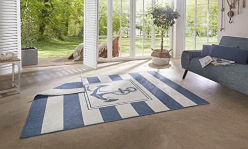 NORTHRUGS In- und Outdoor Teppich Gandara 200x290cm - Wendeteppich Wetterfest Modernes Design mit Anker-Motiv Läufer für Balkon Terrasse Garten Wintergarten Wohnzimmerteppich Wasserfest in Blau Creme