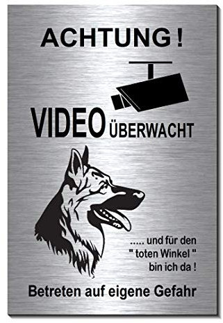 Schäferhund-Video-Überwachung-Hund-15 x 10 cm-Schild-Hundeschild-Aluminium Edelstahloptik-Hunde-Tierschild-Warnschild-Hinweisschild (1905-89 - 15 x 10 cm mit 2 Löcher)