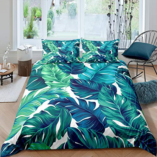 Loussiesd Palm Leaf Bedding Set Palm Tree Print Duvet Cover For Kids Children Teens Adult Hawaiian Tropical Plam Comforter Cover Green Nature Theme Bedspread Cover Quilt Cover 3Pcs Super King Size