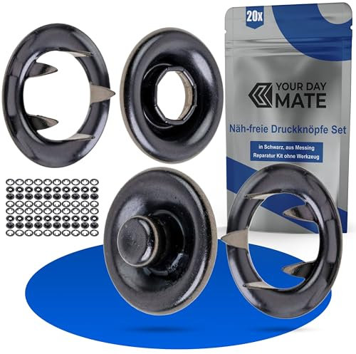 Näh-freie Druckknöpfe Set, Ø 12 mm aussen, 20 Paare, in Silber-Schwarz, aus Messing, Kit ohne Zange, Druckknopf für Bekleidung, Bastelarbeit, DIY Zackenring Druck Knopf, Reparatur Knöpfe Nähzubehör
