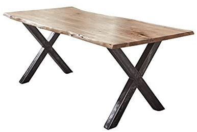 SAM Esstisch 180x90 cm Bergamo, Akazienholz massiv + naturfarben + lackiert, echte Baumkante, Baumkantentisch mit Vintage X-Gestell aus Metall schwarz, Tischplatte 26 mm