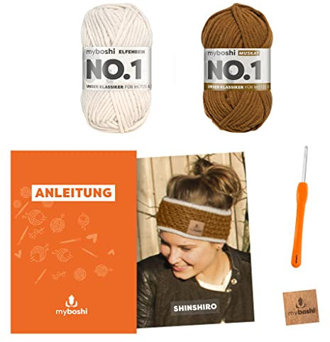 myboshi Häkelset Stirnband Shinshiro, inkl. No.1 Wolle, Nadel und Anleitung, für Mützen und Stirnbänder, Häkelpaket, 30% Merinowolle Braun, mit Rundstricknadel