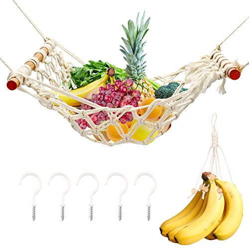 SAVITA 1 Stück Obst Hängematte 1 Stück Bananen Aufhänger 5 Stück Schraubhaken Platzsparend Hängender Obstkorb Makramee Frucht Gemüse Hängematte Obsthängematte für Küche Zuhause Wohnmobile