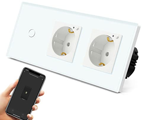 BSEED Smart Alexa interruptor de la luz con doble toma de corriente, empotrado vertical Alexa vidrio Schuko tomas de extensión, único vivo wifi touch interruptor de la luz 1 compartimento 1 vía blanco