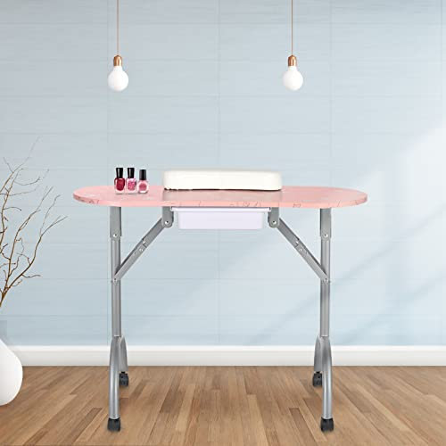 LEIBOU Professional 36''L Portable & Foldable Manicure Table Nail Technician Desk Workstation Manicure Table with Rolling Wheels,Drawer,Sponge,Free Carrying bag (Pink Pattern)