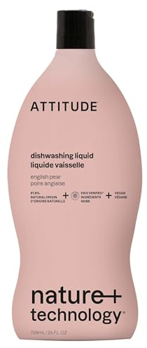 ATTITUDE Washing Up Liquid, Cuts Grease & Removes Food Residue, Gentle on Hands, Plant-Based Cleaning Liquid, Vegan Dish Soap, English Pear, 709 mL
