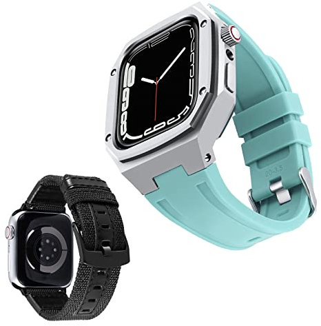 BINLUN Bracelets Compatible avec Apple Watch 44mm 45mm 2 Pièces Bracelet de Montre en Silicone avec Boîtier en Métal Bracelet en Toile Compatible avec iWatch Serie 9/8/7/SE2/SE/6/5/4 (Bleu,Argent)