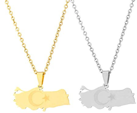 YUANYIRAN Türkei Karte Anhänger Halskette - Geometrischer Stern Mond Element Ethno-Stil Unisex Paar Schlüsselbeinkette Patriotische Flagge Hip Hop Charm Schmuck Für Modegeschenk,Silber,50Cm/19.6 In