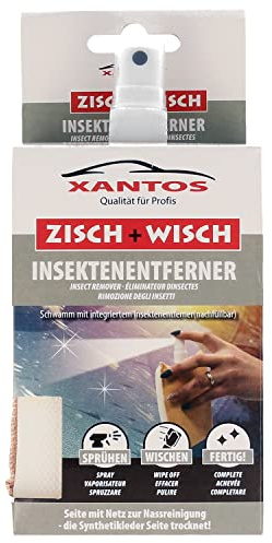 XANTOS Insektenentferner Auto - Zisch und Wisch All-in-One Duo Schwamm inklusive 40ml Sprühflasche klein mit Insektenreiniger für Auto, Wohnmobil oder Wohnwagen - Autopflege für zwischendurch