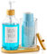 VITVITI Seifenspender mit Wattepadspender, 500ml Pumpspender, Mundwasser Pumpen Flasche mit Pappbecherhalter, Nachfüllbarer Shampoo Spender mit Paletten aus Bambus (Transparenz)