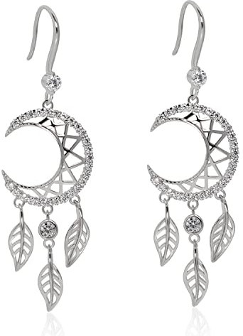 Orecchini in argento Sterling Moon Orecchini Boho Feather Dangle e Drop Orecchini a mezzaluna Dreamcatcher lunghi per le donne
