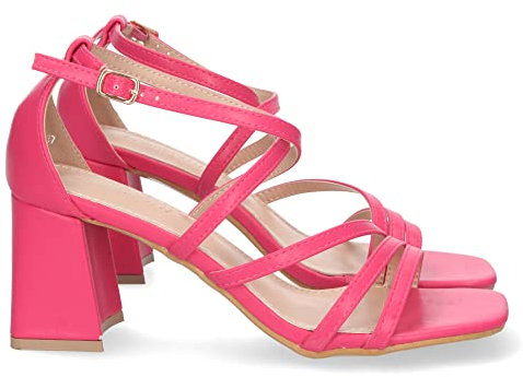 shoes&blues.es 71417 Sandalia de Tacon para Mujer, Comoda, con Palas Finas Cruzadas, y Cierre de Hebilla, Primavera Verano 2023 Fucsia Talla 36