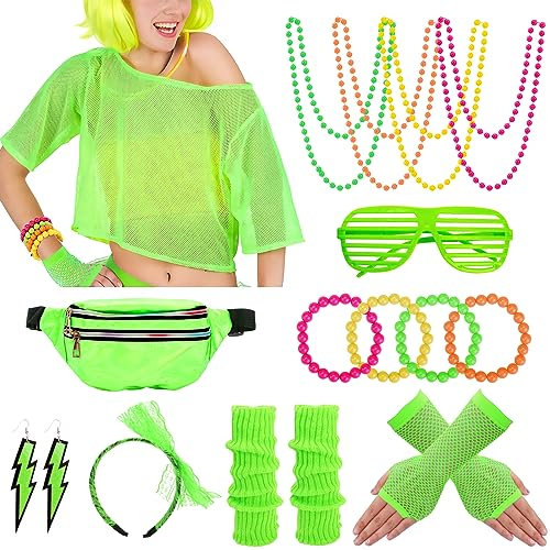 80er 90er Jahre Outfit Damen, Netzshirt 18 tlg. Kostüm Zubehör Set Accessoires Retro,Gürteltasche,Netzhandschuhe,Stirnband,Beinstulpen,Halskette,Armband,Ohrring,Brille,für Karneval Party