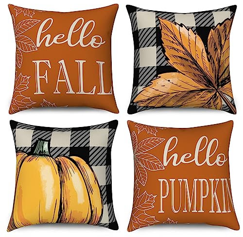 Hnmdmyi Kissenbezug Herbst 45x45 4er Set, Büffel Plaid Kürbis und Ahornblatt Bauernhaus Thanksgiving Dekorative Kissenbezüge Orange Gelb Leinen Kissenhülle für Sofa Couch Garten Outdoor Home Decor