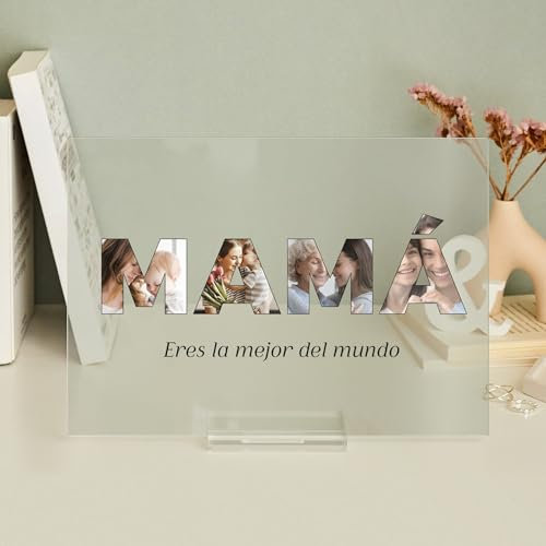 Transparent Gift Placa Personalizada con Fotos en Letras Mamá y Texto. Regalos Originales para Día de la Madre, Cumpleaños. Regalos Personalizados para Mujer, Madres. Placas Metacrilato Transparente H