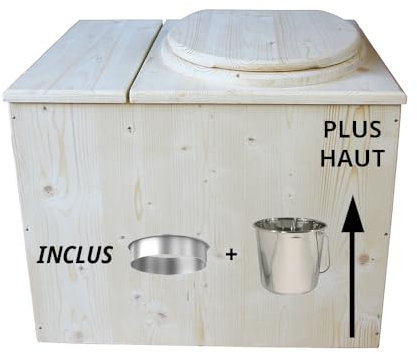 Toilette sèche rehaussée avec bac à copeaux de bois intégré, abattant bois, Livré monté avec seau inox et bavette de protection inox - Fabrication artisanale Française - N8