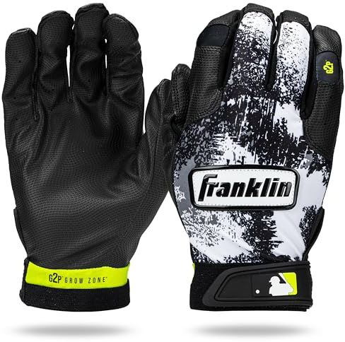 Franklin Sports MLB Youth Teeball Batting Gloves - Grow to Pro Kids Baseball + Softball Batting Gloves - Boys + Girls Pairs for Teeball, Baseball + Softball - Black/White - Youth Extra Small