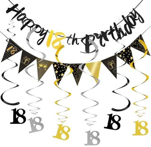 18 Geburtstag Deko Banner Luftschlangen, Deko 18. Geburtstag Junge Mädchen,18. Geburtstag Deko Schwarz Silber Gold,18. Geburtstag Junge Deko Girlande Spiralen,Deko 18 Geburtstag,Deko zum 18 Geburtstag