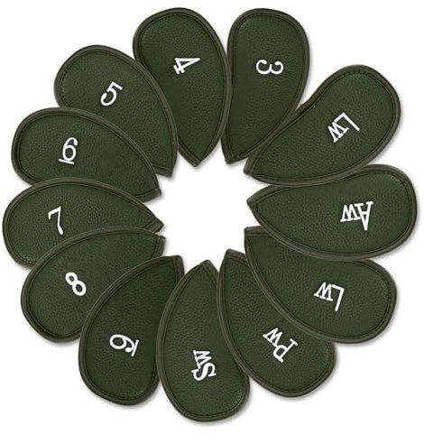 Golf Club Iron Head Covers, 12pcs GolfHeadcover set, Thick Synthetic Leather Golf Iron Head Covers Set Fit All Brands Titleist, Callaway, Ping (Green)