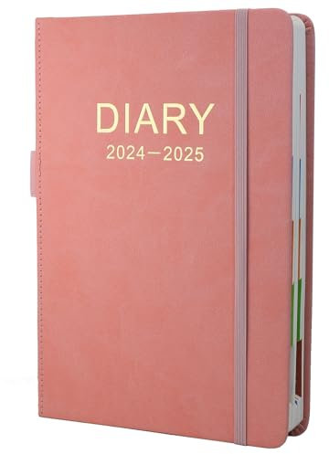 Terminplaner 2024-2025, A5, Tag pro Seite, 2024-2025, von Juli 2024 bis Juni 2024, Productivity A5-Tagesplaner mit bunten Seitenteilen, Monatstaschen, Stiftschlaufe und Innentasche, 400 Seiten (Rosa)