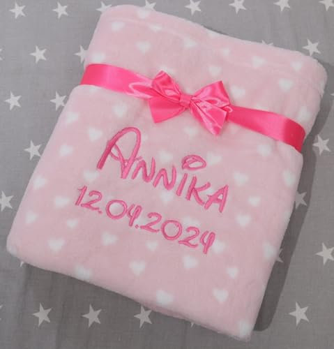 BotoBaby® - Babydecke mit Namen und Geburtsdatum - Geschenk Taufe Geburt ★ (Pink - Herzen)