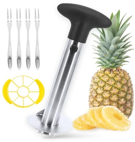 Pineapple Cutter Slicer and Corer Stainless Steel Pineapple Cutter with 4 Fruit Fork ABS Handle Fruit Corer for Easy Core Remover