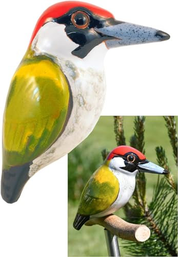 Midene Gartenstecker Keramik Handgefertigt - Gartendeko für Draußen Wetterfest - Garten Deko - Vogel Gartenfiguren & Gartenstatuen - Grünspecht