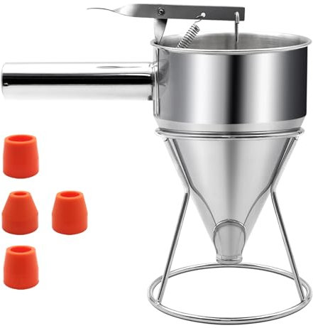 Edelstahl Pfannkuchenteigspender, 0.6L Trichterkuchenspender mit Ständer Hochleistungsbackwerkzeug für Cupcake Waffeln Kuchen