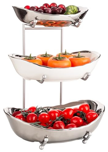 XUDREZ Obst Etagere mit 3 Etagen Obstschalen aus Keramik, Platzsparendes Obstkorb Etagere für die Familie - Moderne Obstschale, Geeignet für Gemüse, Obst, Snacks, Süßigkeiten (Silver)