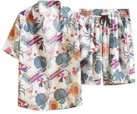Uomo Estate Moda Tempo Libero Hawaii Costa Vacanze Spiaggia Stampa Digitale 3D Fiori Camicia Manica Corta Pantaloncini Spiaggia Tuta Uomo Short V-Inserto per Riscaldamento, Set da Due Pezzi Uomo,