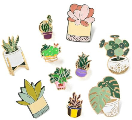 Ipotkitt 10 Pcs 10 Styles Colourful Plant Pot Theme Enamel Badges Metal Tropical Desert Pins Cactus Monstera Leaf Succulent Shaped Brooches for Backpack Gift Decor
