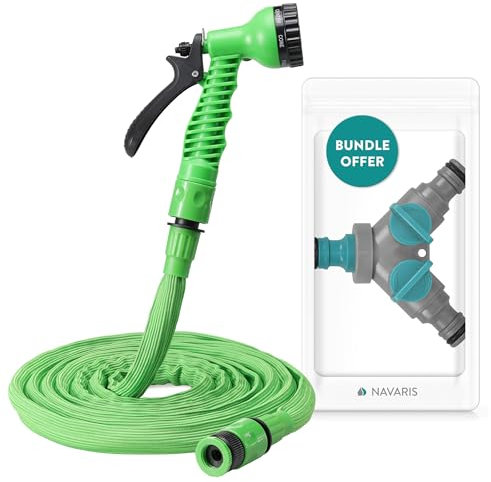 Navaris Set Gartenschlauch 3,75-7,5m und 2-Wege-Verteiler mit Absperrventil - Wasserschlauch flexibel - 7 Funktionen Brause und Schnelladapter - 3x 1/2 Quick Connector