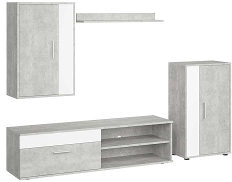 Modulos de Salón Comedor Kolm para TV Estilo Industrial en Color Cemento y Blanco con 3 Puertas y 2 Estantes