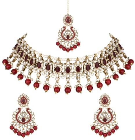 I Jewels K7276 Halskette mit Ohrringen und Maang Tikka, vergoldet, indische Hochzeit, Bollywood, Kundan-Perle, Tropfenform, Free Size, Vergoldet, Kein edelstein