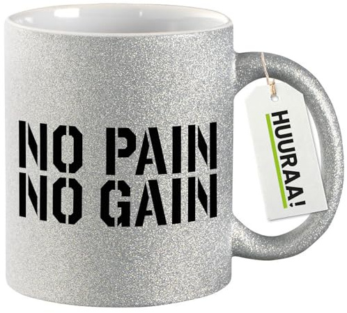 Huuraa Glitzertasse No pain gain Hantel Geschenk | Motivtasse 330ml Glitzer Tasse mit Spruch Silber Keramik Kaffeebecher Geschenkidee Silver Glitter Becher mit Motiv