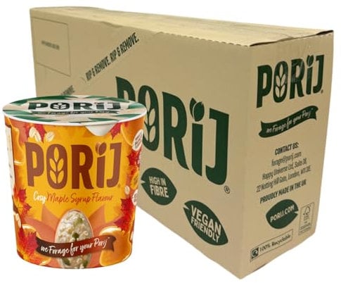 PORiJ Maple Syrup Porridge Oats 8 x 60g - Quick Breakfast Snacks Ready to Eat in Minutes Instant Porridge Pots with Pre Biotics Multipack Ready Meals High Fiber & Protein Vegan Oats