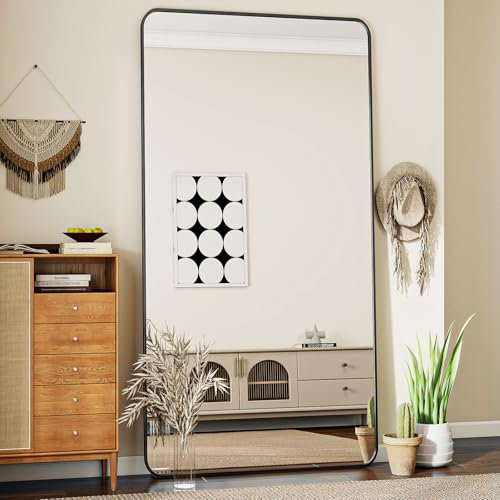 Koonmi Standspiegel mit abgerundeten Ecken, 76 x 171 cm Ganzkörperspiegel mit Ständer, großer Fußboden Standspiegel Ganzkörperspiegel Wand Hänger für Schlafzimmer, Wohnzimmer, Schwarz