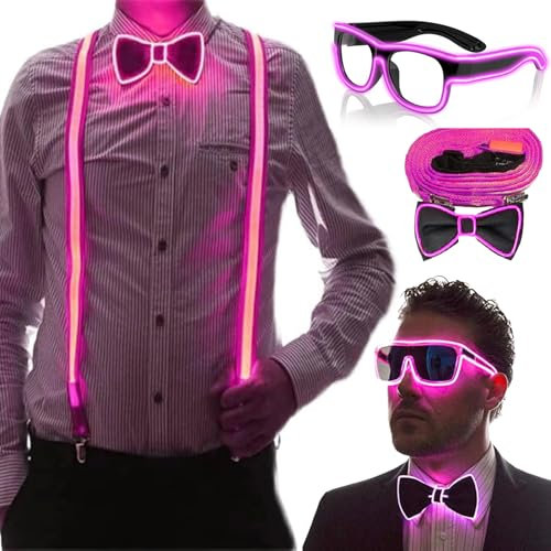 Leuchtende Herren-LED-Hosenträger und Fliege,LED-Leucht-Hosenträger,Verdrahtet Neon Rave Brille,für Musik Festival,Rave-Party,Weihnachten,Neon-leuchtendes dunkle Party Supplies für Party deko
