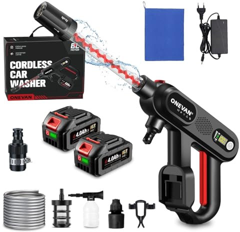 ONEVAN hidrolimpiadora bateria, 80bar hidrolimpiadora portatil con 2 baterías 4,0 Ah, Pantalla LCD, Boquilla 5 en 1, Pistola de Agua a presión con batería Incluye Manguera, Botella de Espuma, Filtro