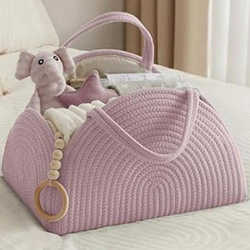 YUEMING Organisateur de Couches Bébé, Rangement Grand Bebe avec Compartiments et Poignées, Couches Bebe Portable, Panier Organisateur Bebe de Corde en Coton Cadeau pour nouveau-né (Rose)