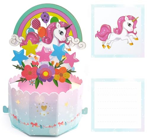 JanYoo 3D Pop Up Karte Geburtstagskarte Einhorn Grußkarten, Happy Birthday Geburtstag Karte Grußkarte Cards Mit Umschlägen und Karten für Junge Mädchen Familie und Freunden Geburtstagsgeschenk