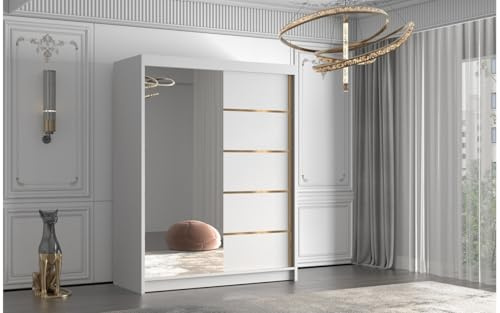 ELUKS - FLAVIO GOLDEN STRIPES Sliding Doors Wardrobe with Mirror Furniture for Bedroom Living Room and Hall Organizer Width 100cm/120cm/150cm/180cm/200cm/WHITE/BLACK/CASHMERE (White, 150cm)