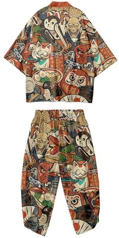 DOSLAVIDA Ensemble de veste kimono japonaise pour hommes, veste élégante ouverte sur le devant avec short, cardigan imprimé de style chinois