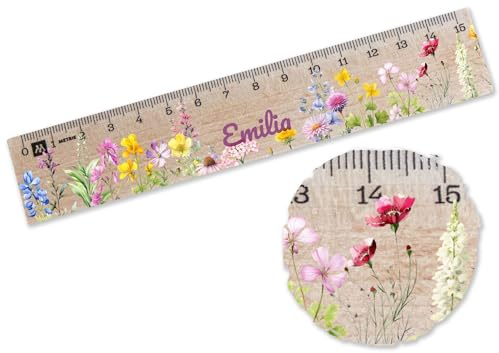 Shirtracer Holzlineal 15 cm personalisiert Wildblumen mit Name | Holz, 15 cm, Grundschule, 1. Klasse, Einschulung, Schulkind, sinnvolle Geschenke, Erstklässler, Botanik, Schulstart, Garten