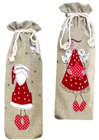 Alipis 2 Stück Weihnachtliche Flaschenhülle aus Jute mit Kordelzug Bestickte Rotwein Flaschen Verpackungstasche Dekorative Weinflaschenhülle für Festliche Tischdeko und Party