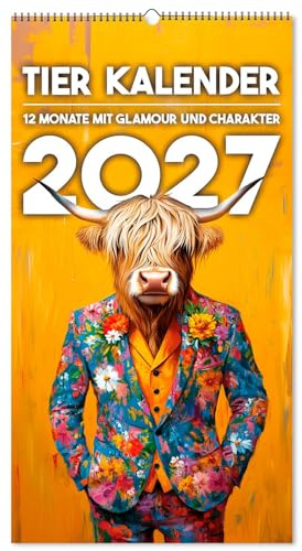 Tierfotokalender 2027 - Wandkalender mit glamourösen Tierporträts - Bunter Monatskalender im Hochformat mit Spiralbindung - 24 x 46 cm - 5 Postkarten als Extra